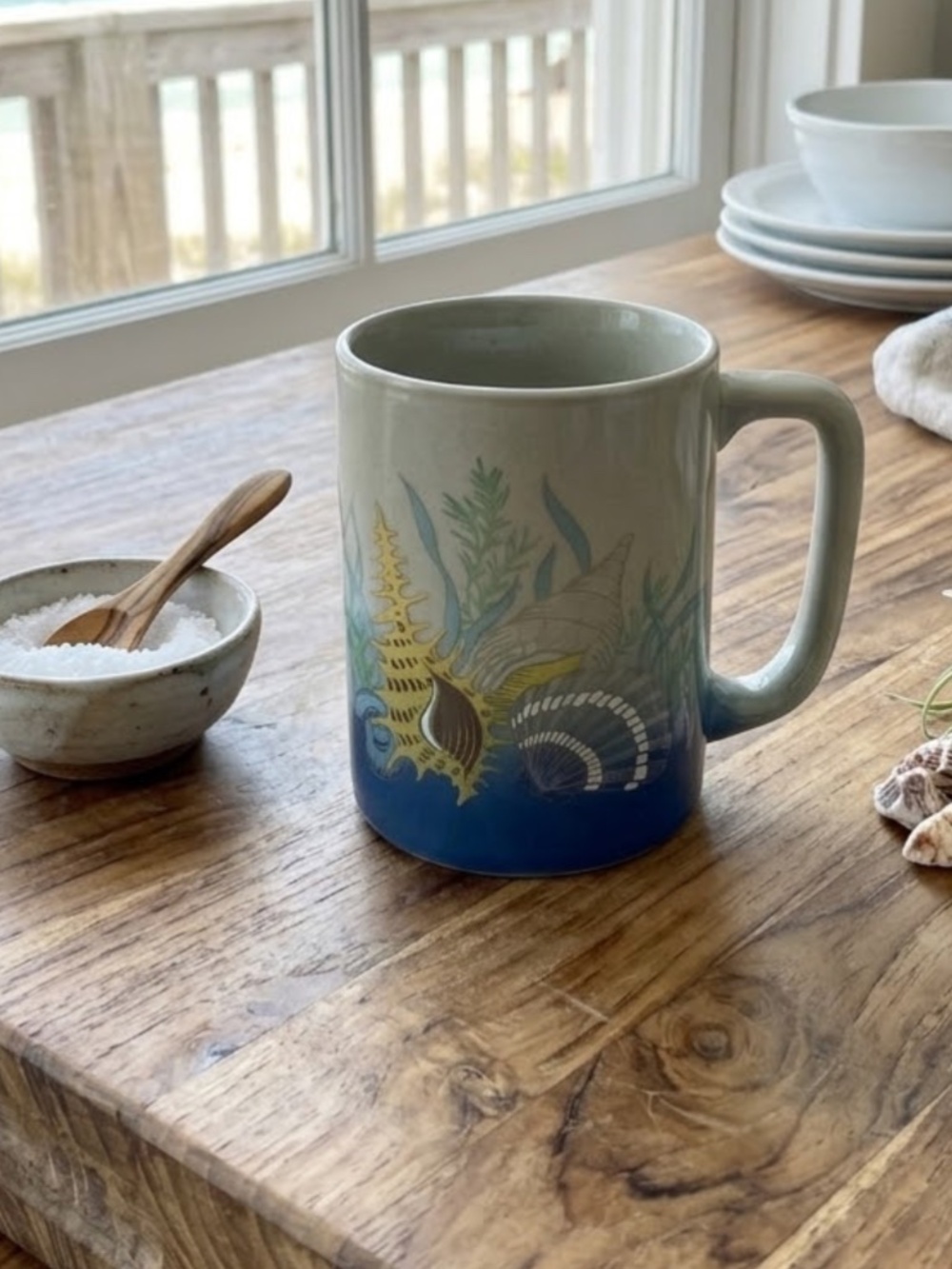 Otagiri Beige Ceramic Coffee Mug Japan - Seashells Beach Theme Vintage 1980s